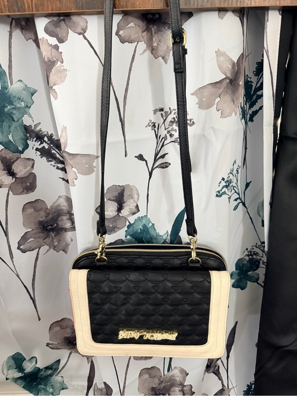 Betsey Johnson Black and Cream Quilted Crossbody Camera Bag